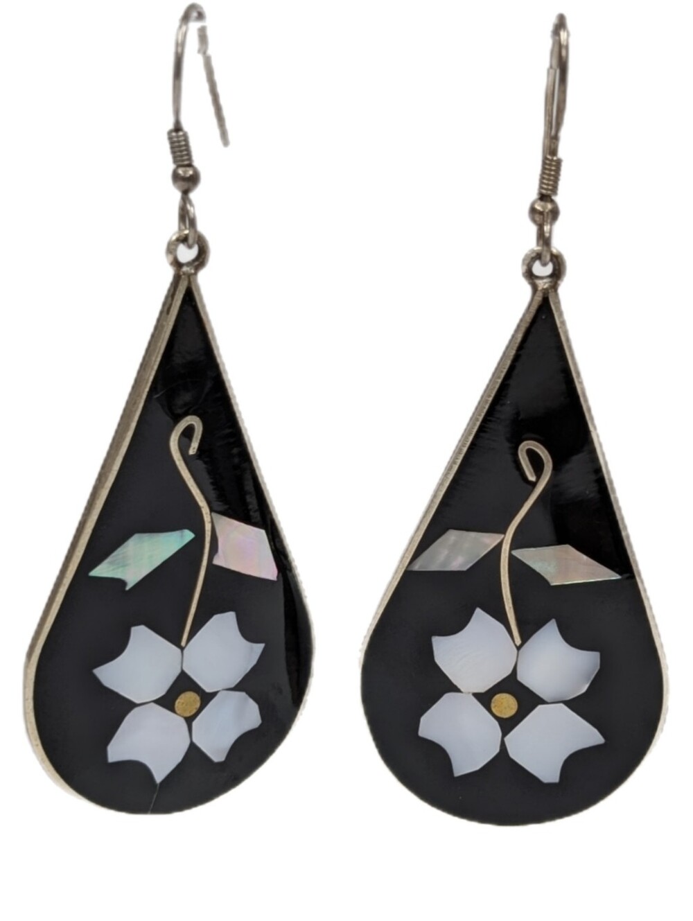 Vintage Alpaca Mexico Teardrop Black Flower Inlay Dangle Earrings